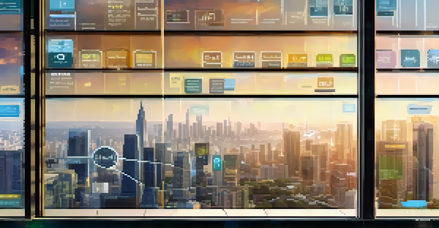 A digital dashboard showcasing key performance indicators for smart city projects, with graphs and metrics in front of a cityscape background.