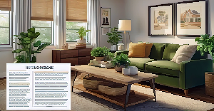 A family gathered in a cozy living room, discussing mortgage options with documents on a coffee table. Warm lighting and earthy decor create a comfortable atmosphere.