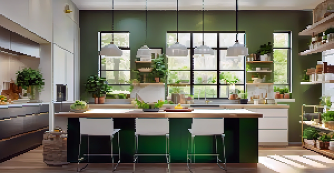A modern kitchen with an island, energy-efficient appliances, and bright sunlight pouring in through a window, adorned with green plants.
