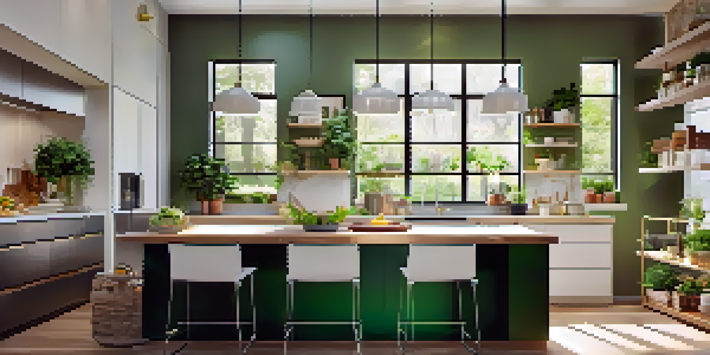 A modern kitchen with an island, energy-efficient appliances, and bright sunlight pouring in through a window, adorned with green plants.