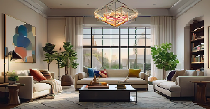 A cozy living room with warm lighting, stylish chandelier, and colorful throw pillows on plush sofas.
