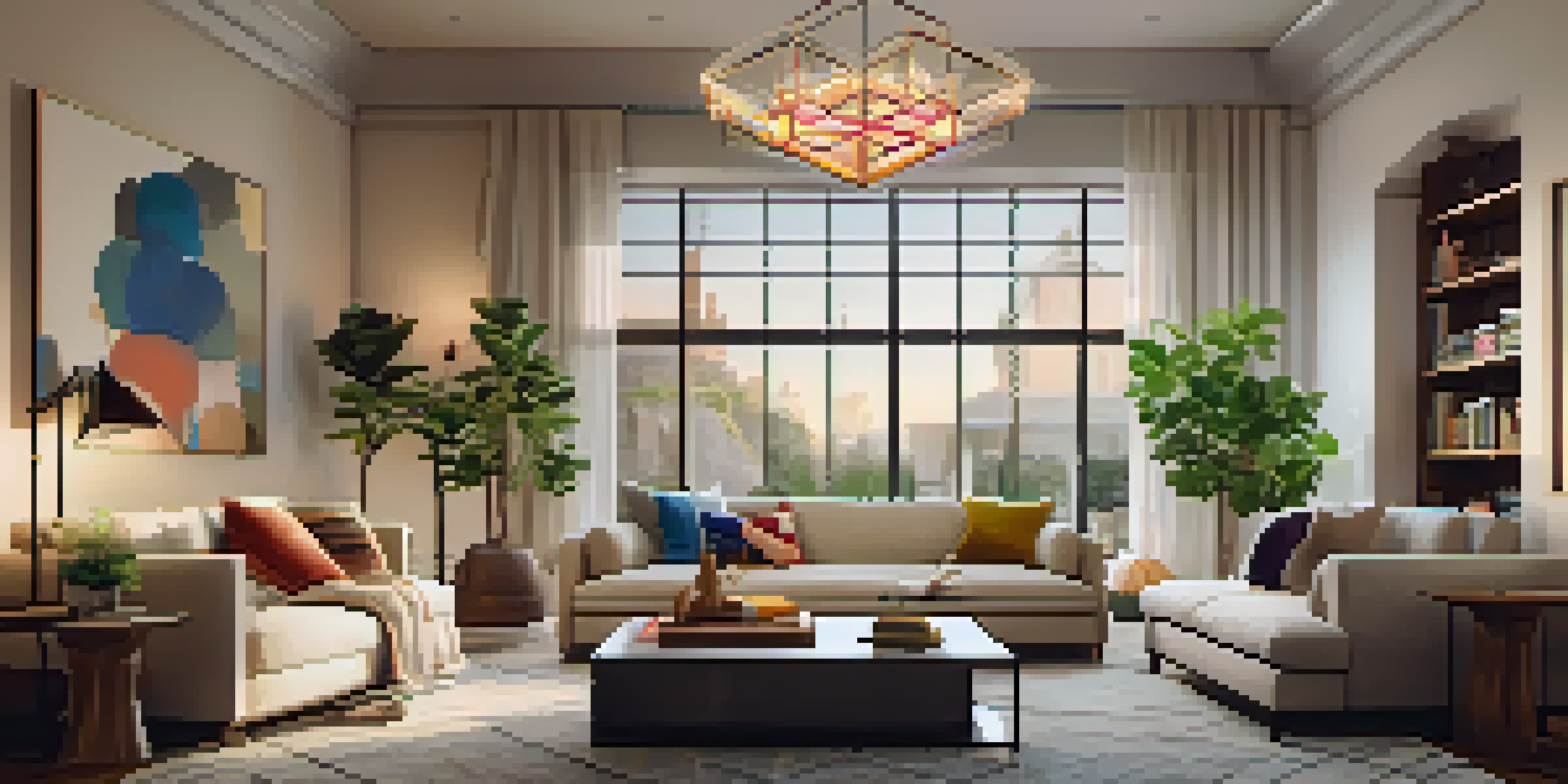 A cozy living room with warm lighting, stylish chandelier, and colorful throw pillows on plush sofas.