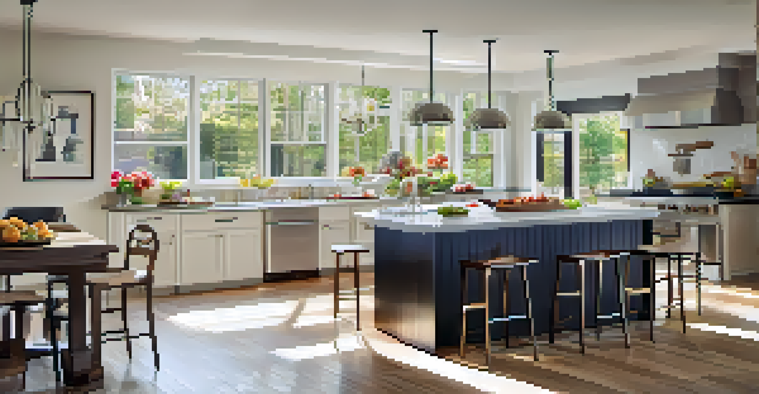 An inviting modern kitchen with stainless steel appliances, an island with bar stools, and fresh fruits on the countertops, illuminated by natural light.