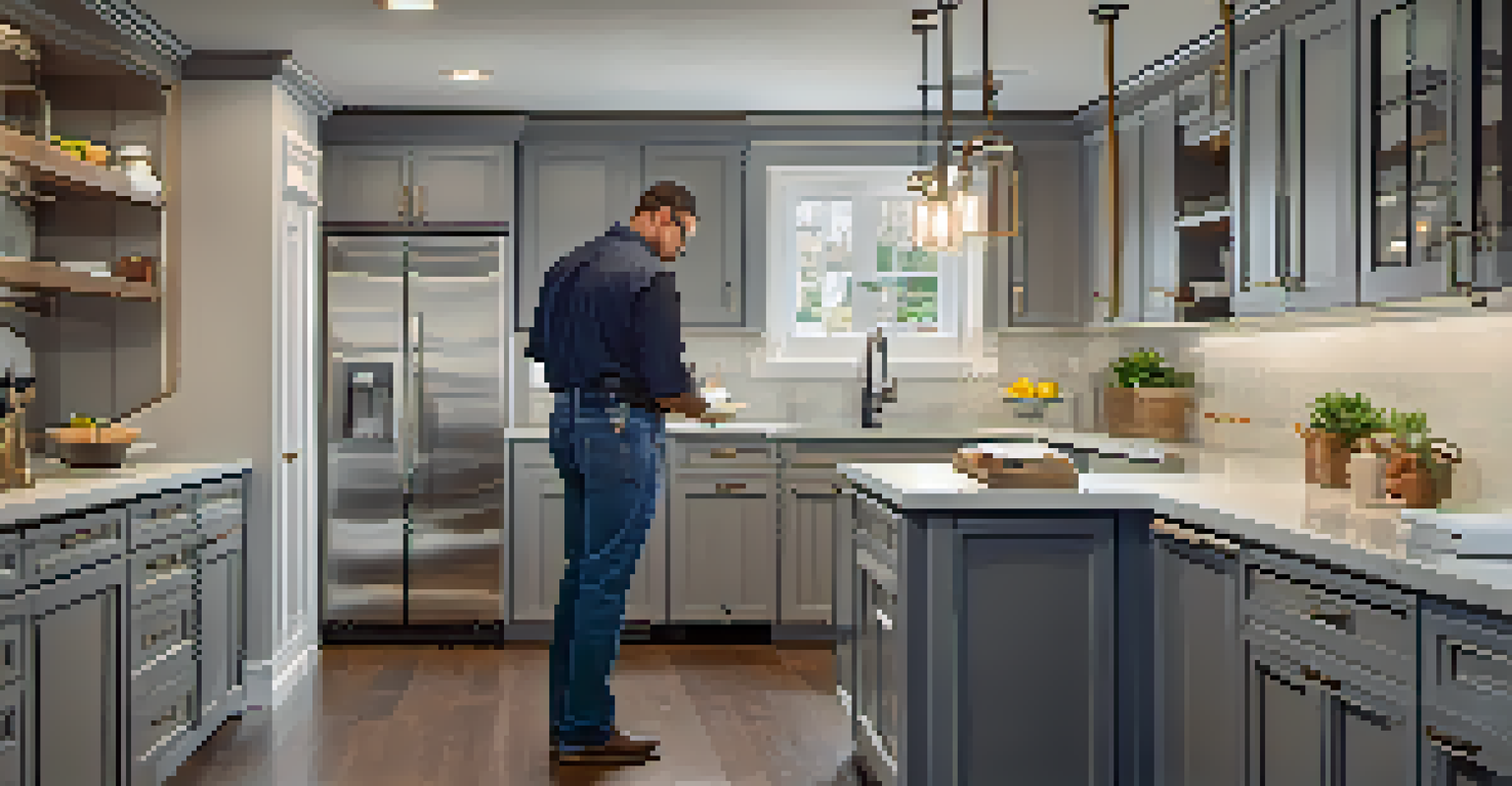 A home inspector checking the renovations in a modern kitchen, ensuring everything meets safety standards.