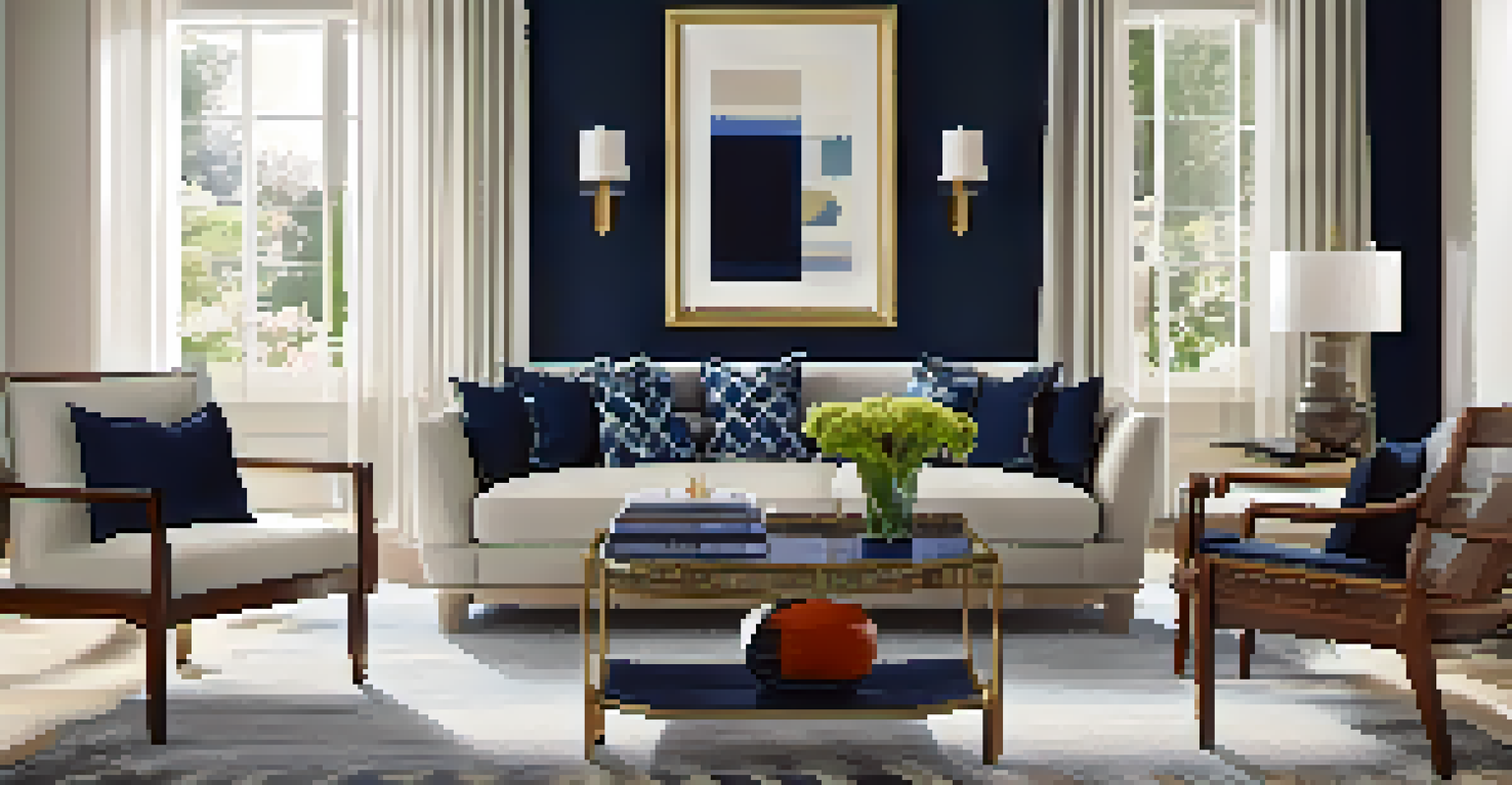 A small living room with light gray and navy walls, stylish furniture, and a large mirror reflecting sunlight, creating an expansive feel.