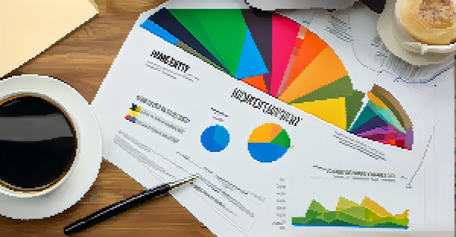 A close-up of a home equity statement featuring a colorful pie chart, with a modern desk, laptop, and coffee cup in the background.