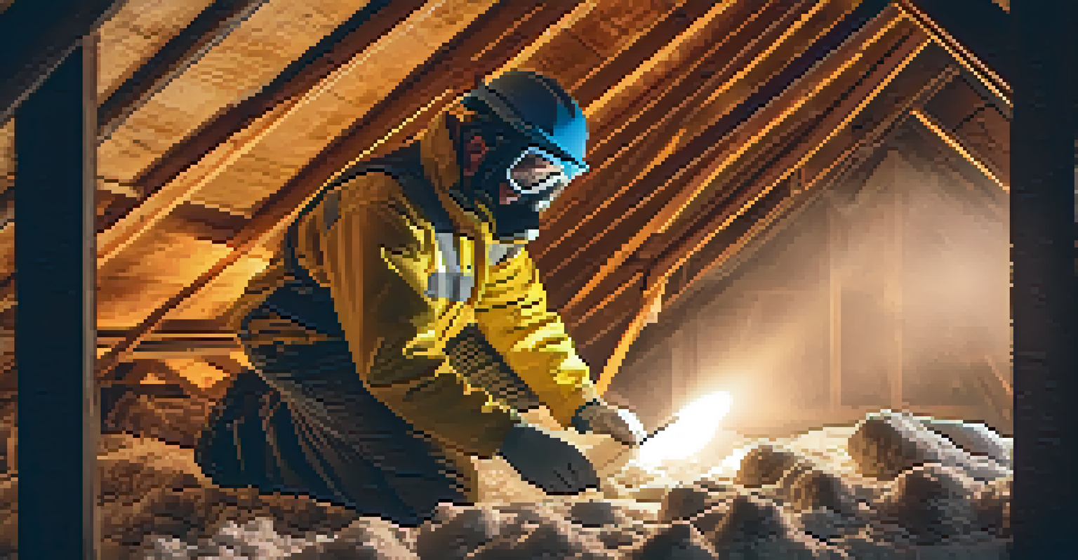 An energy auditor inspecting insulation in an attic, with textures of insulation material and the auditor using a flashlight.
