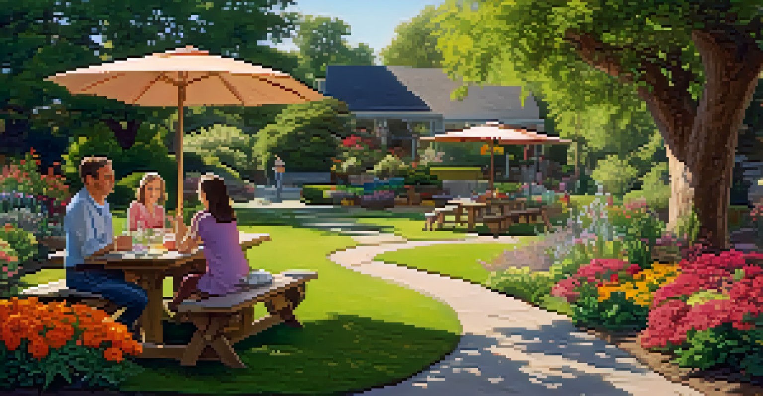 An outdoor garden with a picnic table where a multi-generational family enjoys a meal together, surrounded by colorful plants and trees.