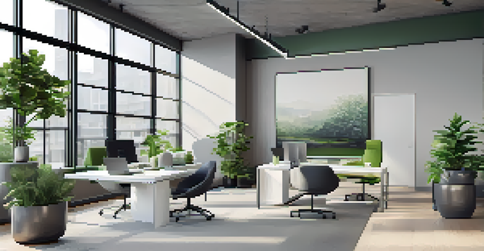 An interior view of a modern real estate office with large windows, contemporary furniture, and a digital screen displaying property listings.