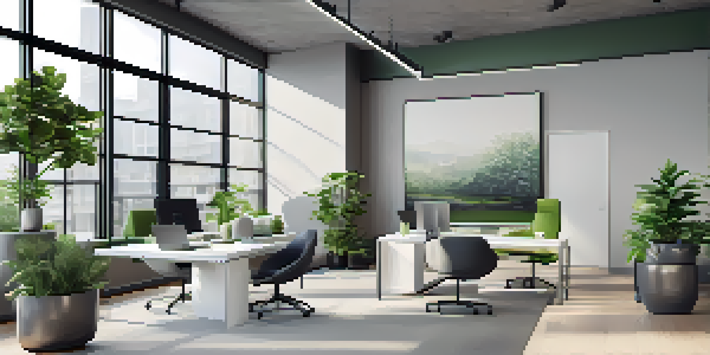 An interior view of a modern real estate office with large windows, contemporary furniture, and a digital screen displaying property listings.