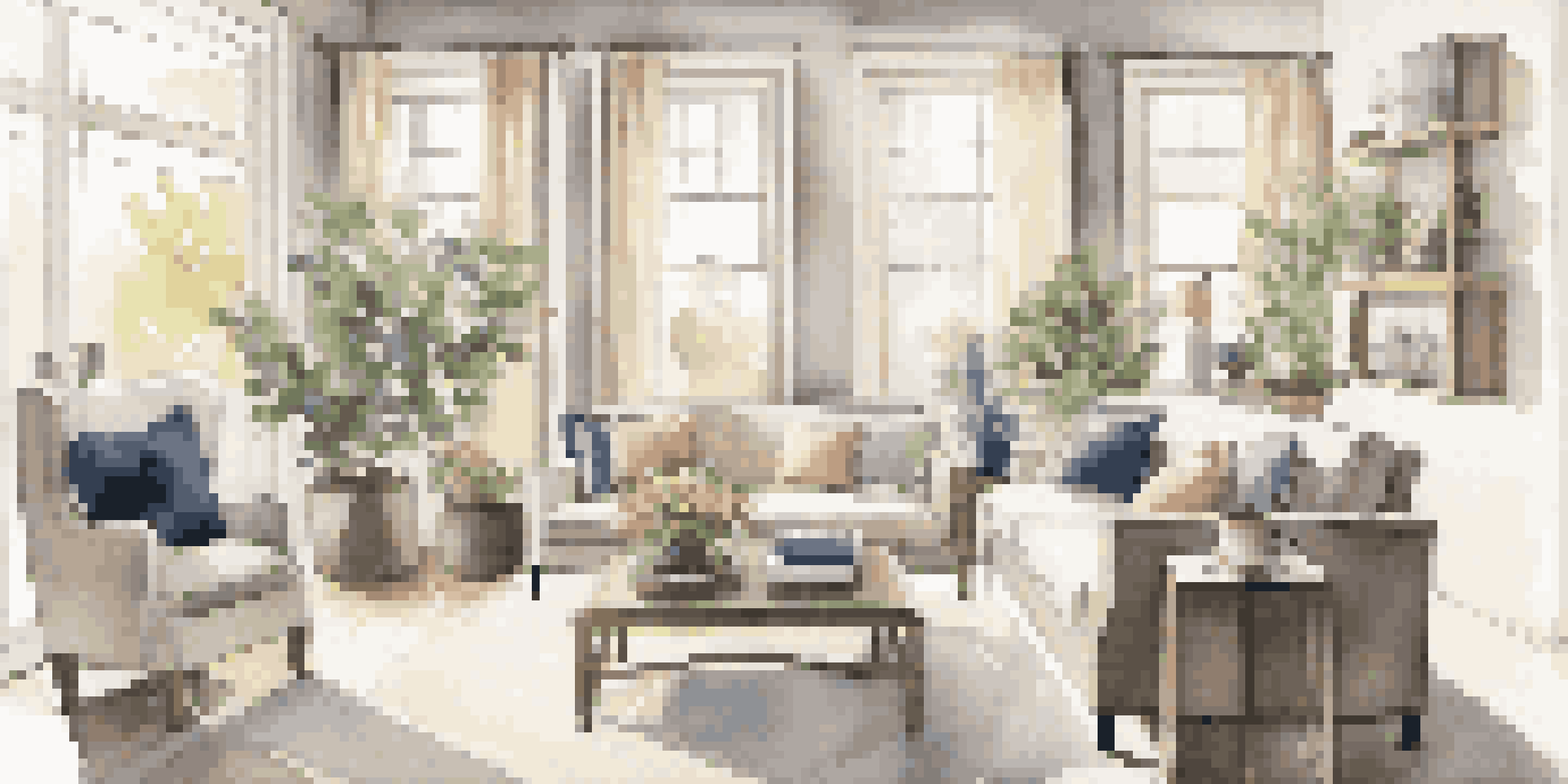 A well-decorated living room with neutral colors, a comfortable sofa, and fresh flowers on the table, illuminated by natural light.