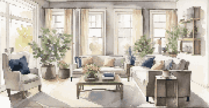 A well-decorated living room with neutral colors, a comfortable sofa, and fresh flowers on the table, illuminated by natural light.