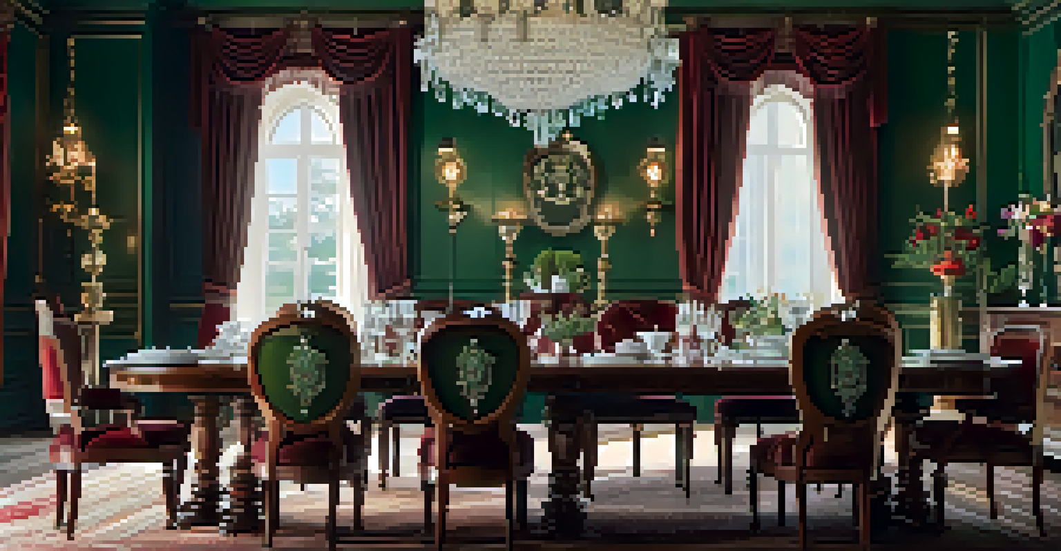 A Victorian-style dining room featuring ornate furniture, rich textiles, and an elegant chandelier, creating a luxurious ambiance.