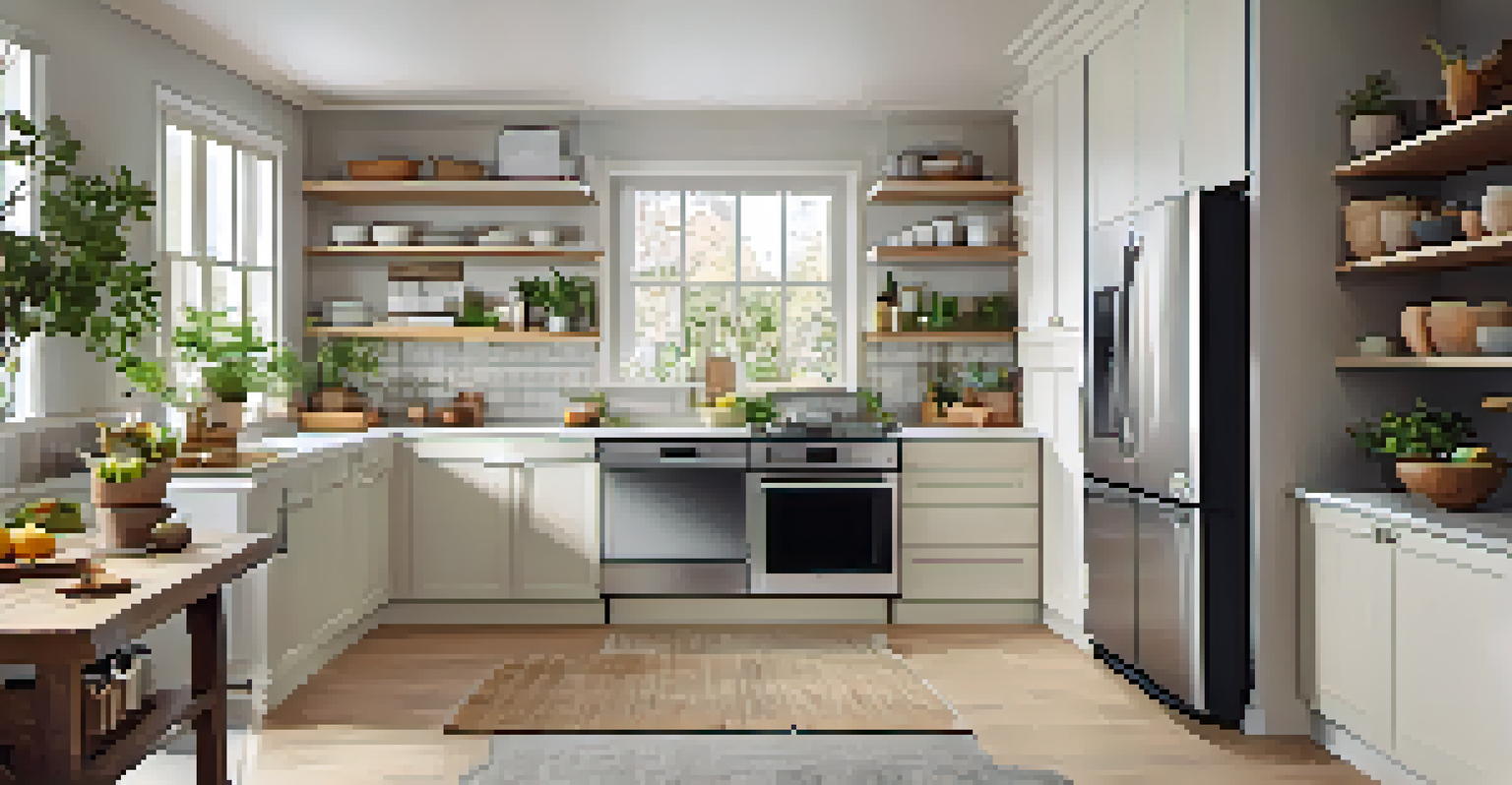 A modern kitchen that is tidy and organized, featuring neutral colors and natural light.