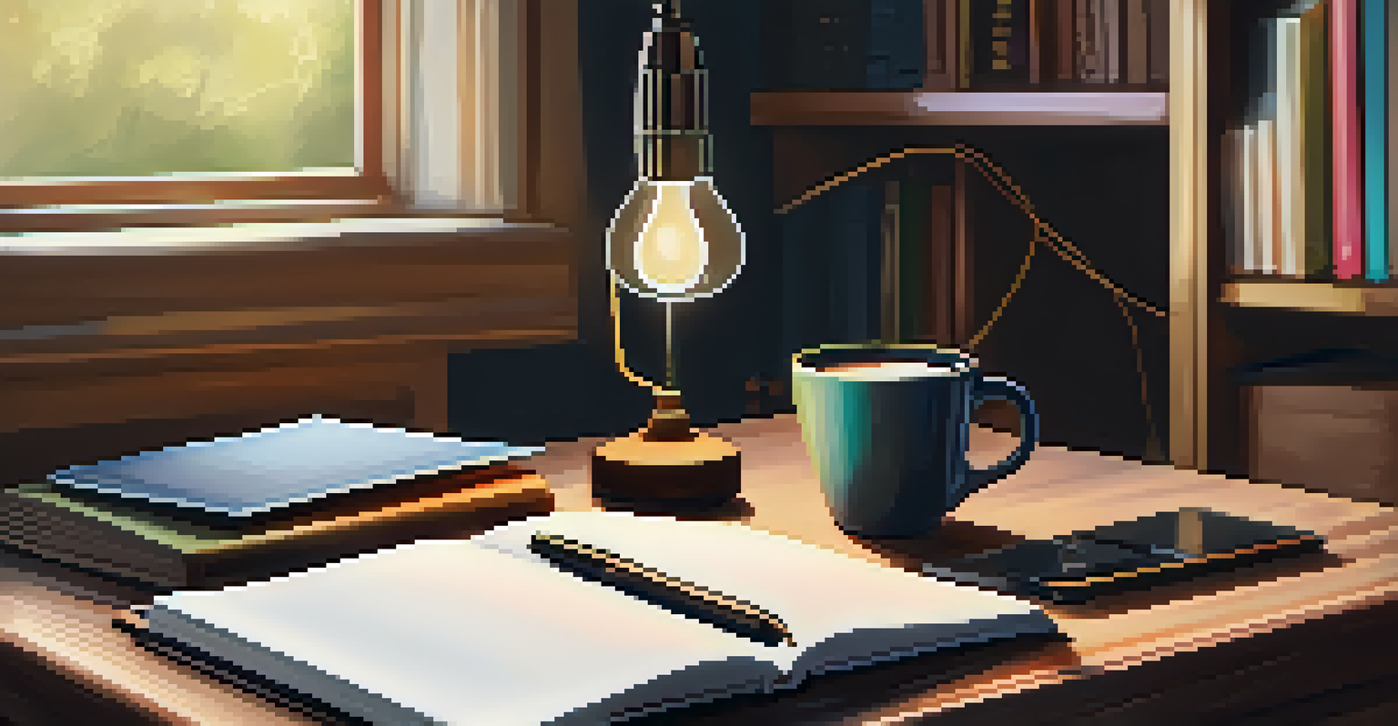 A home office scene featuring an open notebook, a laptop, and a cup of coffee on a wooden table, with bookshelves in the background.