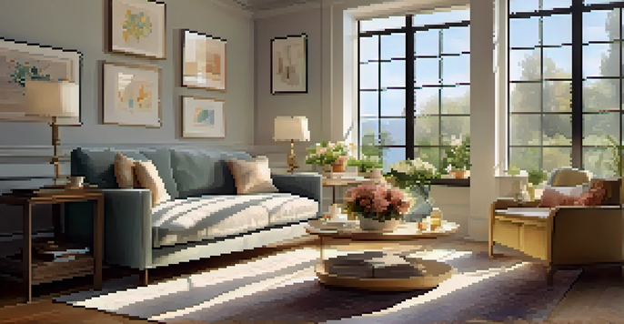A bright and inviting living room filled with sunlight, featuring comfortable furniture and floral decor.