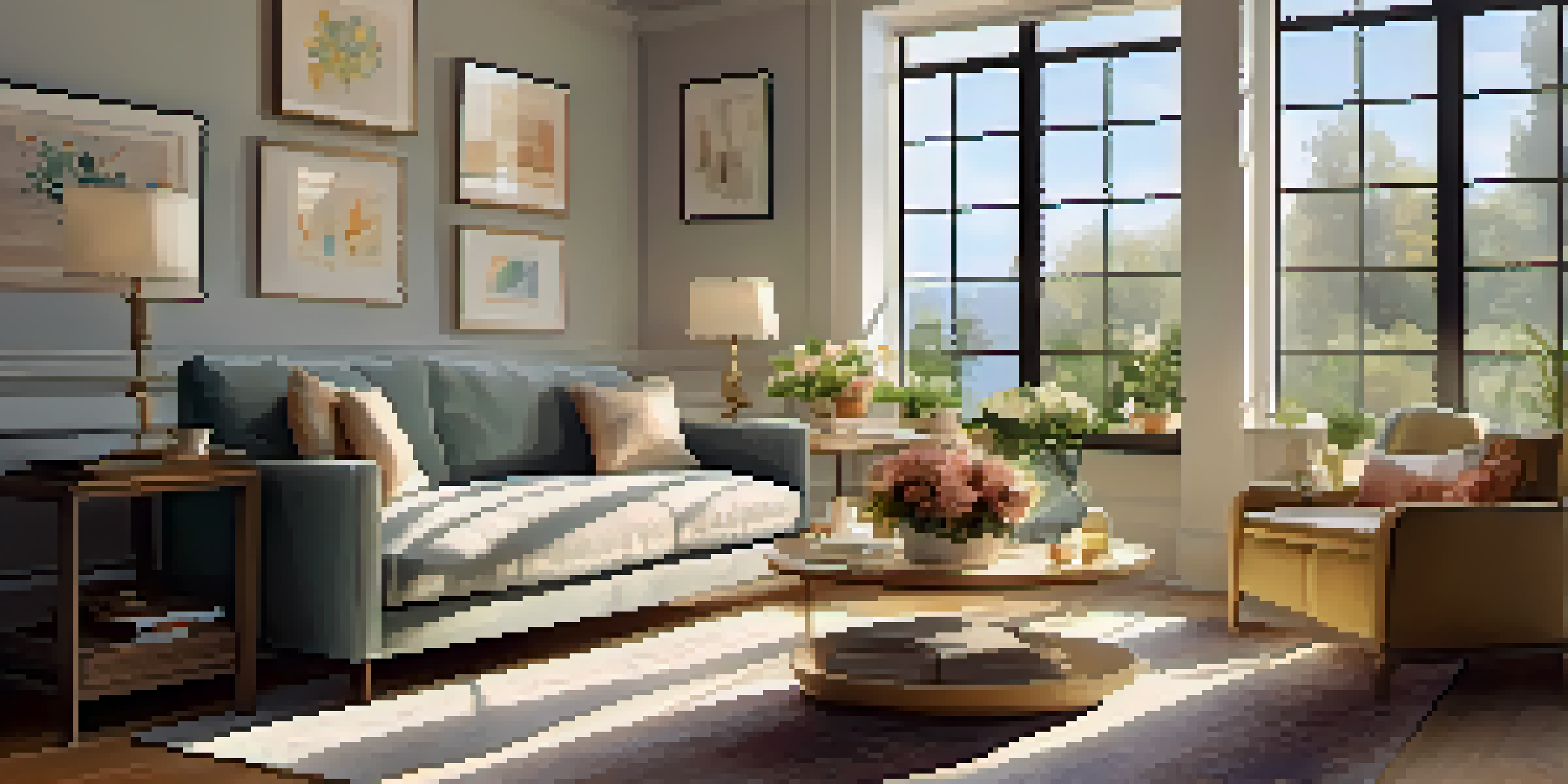 A bright and inviting living room filled with sunlight, featuring comfortable furniture and floral decor.
