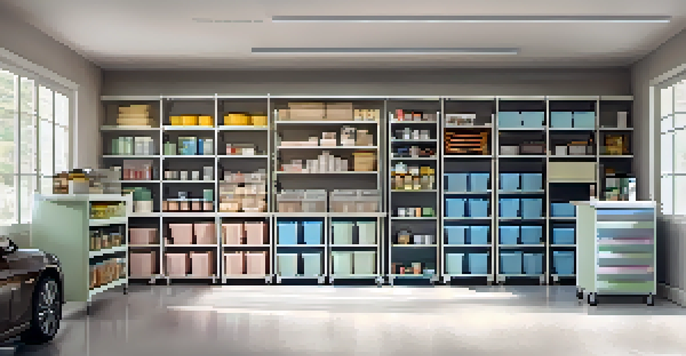 A spacious and organized garage with custom shelving units and clear storage bins, illuminated by natural light.