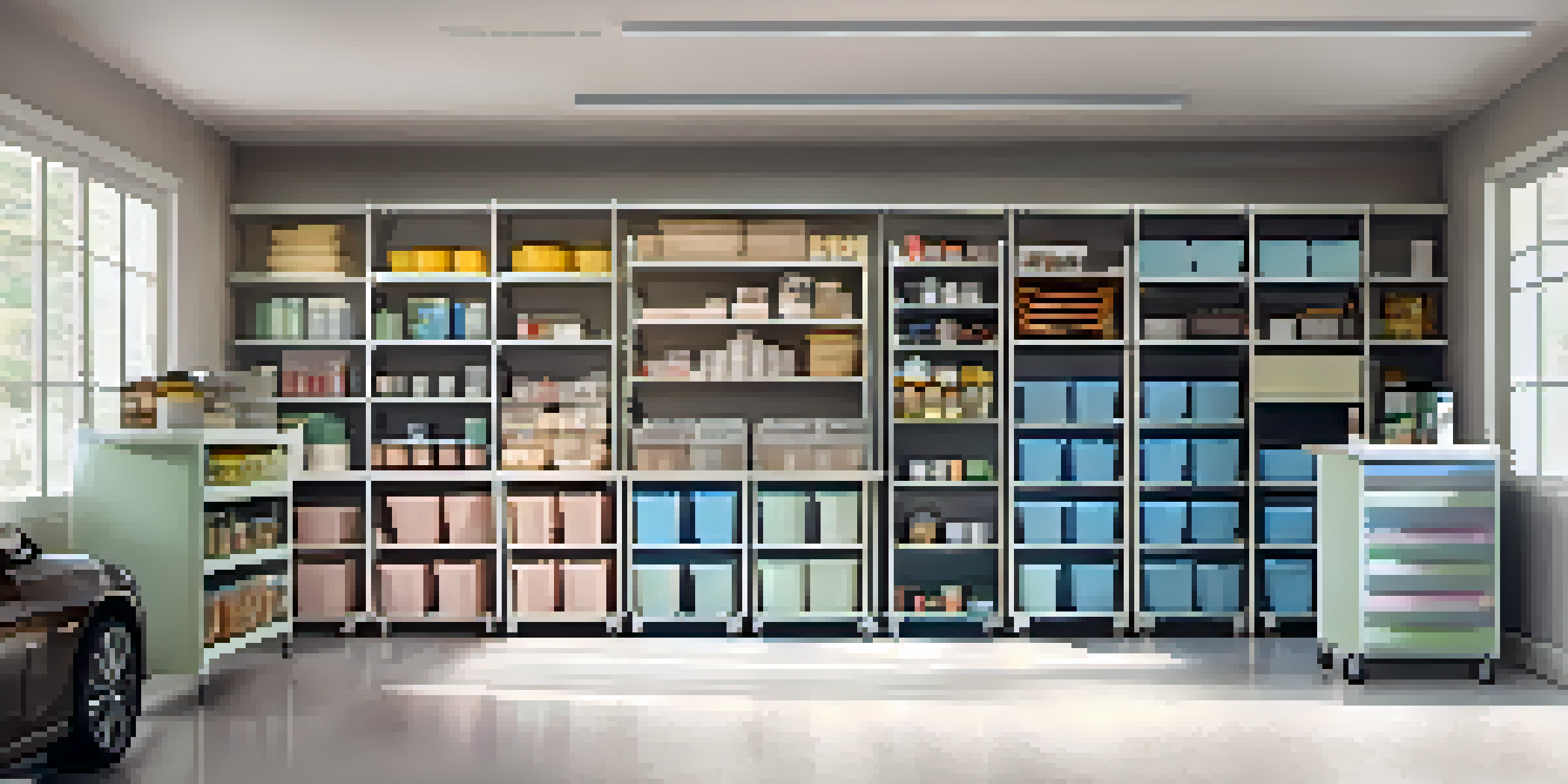 A spacious and organized garage with custom shelving units and clear storage bins, illuminated by natural light.