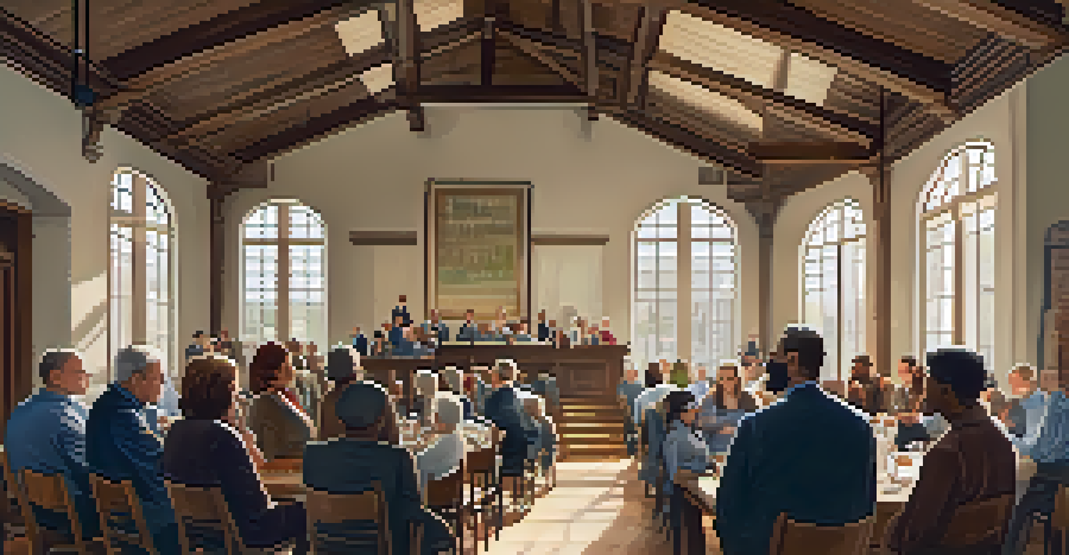 A community meeting in a historic town hall, featuring individuals discussing renovation plans in a well-lit, vintage interior.