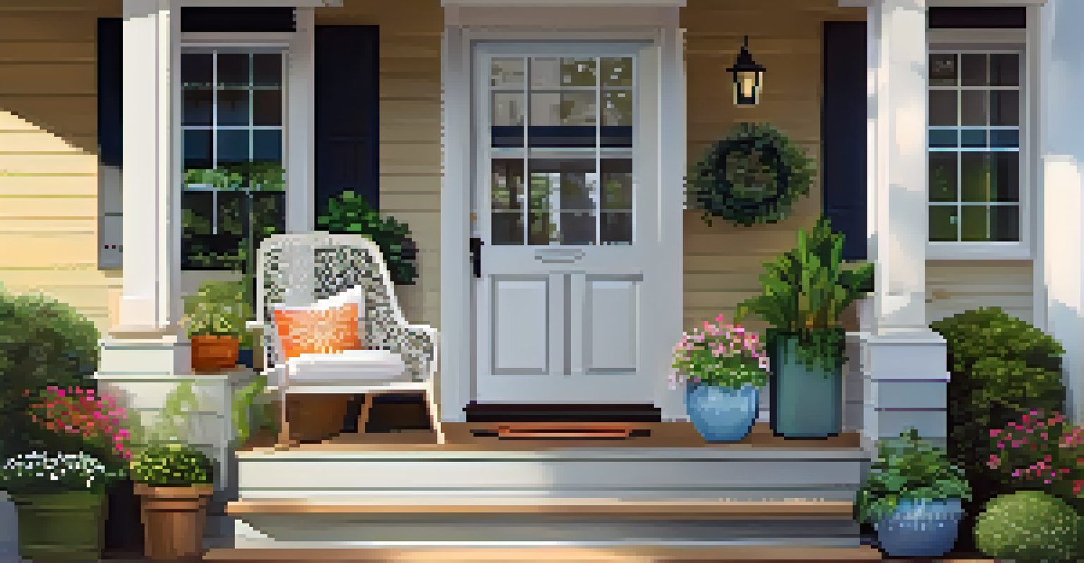 A charming home entrance with a swing chair, potted plants, and a welcoming front door.