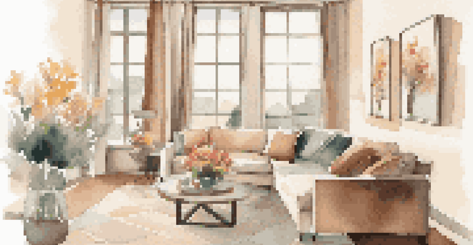 A warm and inviting living room with a modern couch, coffee table, and natural light coming through the window, featuring a home warranty brochure on the table.