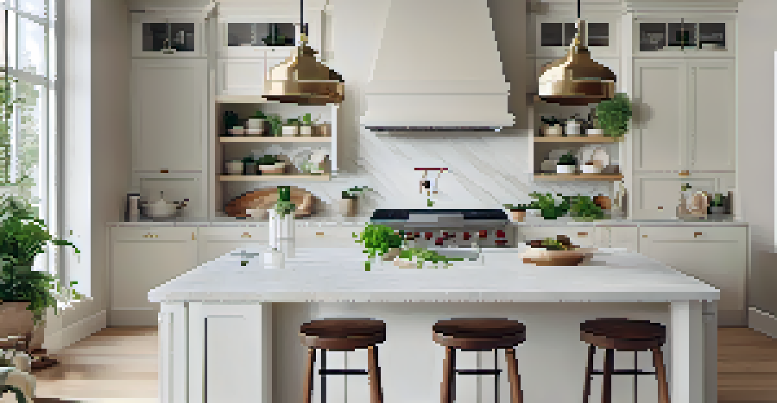 A stylish kitchen with classic white cabinets and marble countertops, enhanced by warm lighting and plants, reflecting timeless design.