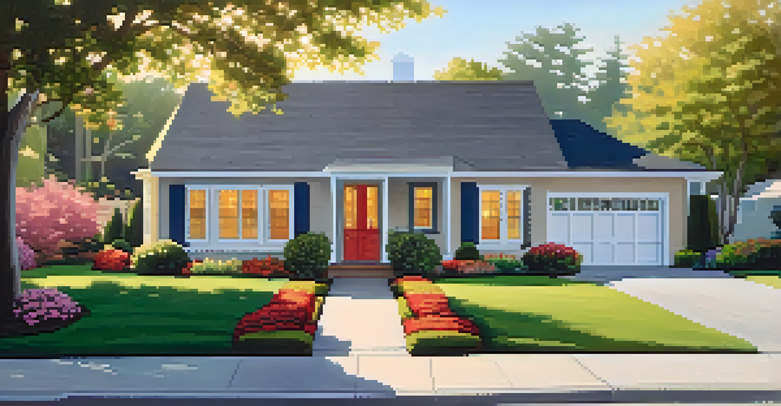 A charming home exterior with vibrant flowers, a well-maintained yard, and a welcoming front door illuminated by soft evening light.