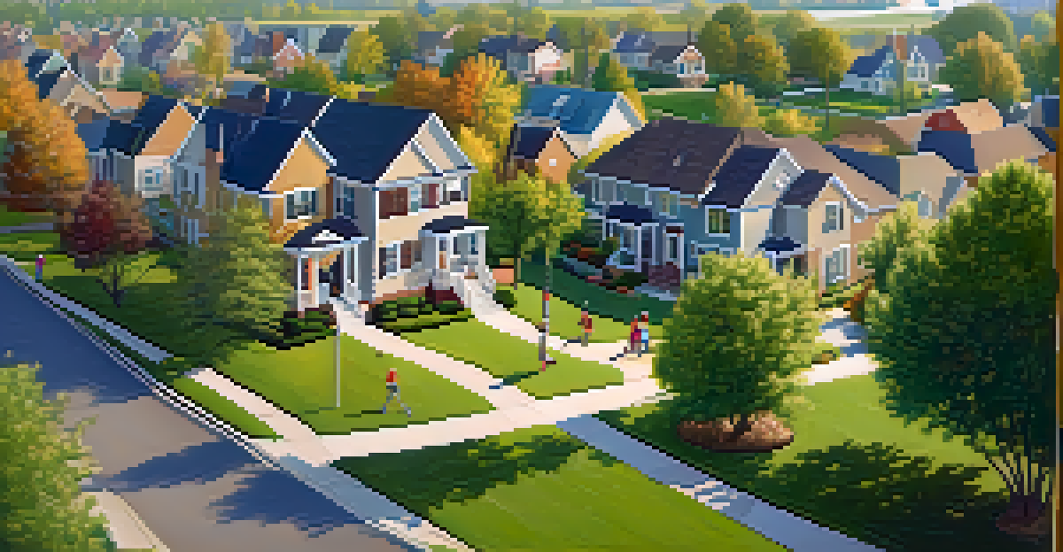 Aerial view of a lively suburban neighborhood with diverse houses, parks, and families enjoying outdoor activities in warm sunlight.