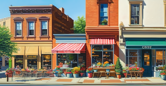 A lively coffee shop with outdoor seating, surrounded by buildings, and colorful flowers on the sidewalk.