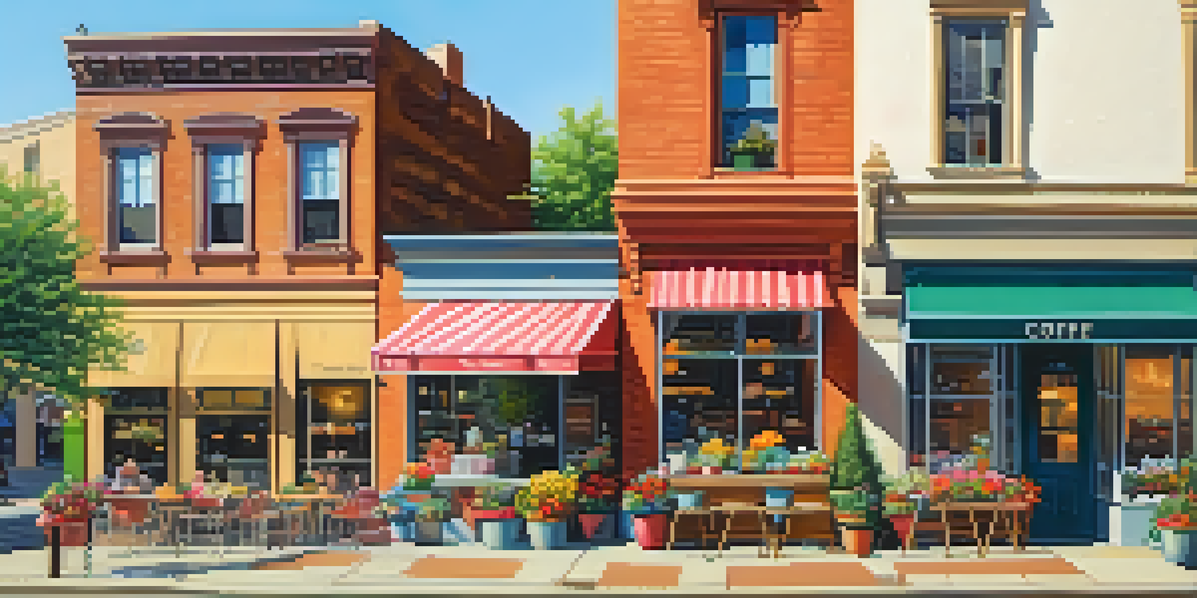 A lively coffee shop with outdoor seating, surrounded by buildings, and colorful flowers on the sidewalk.