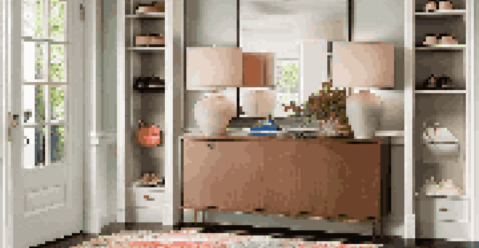 A stylish entryway with a shoe cabinet, wall art, and a mirror, featuring a colorful rug and soft lighting.