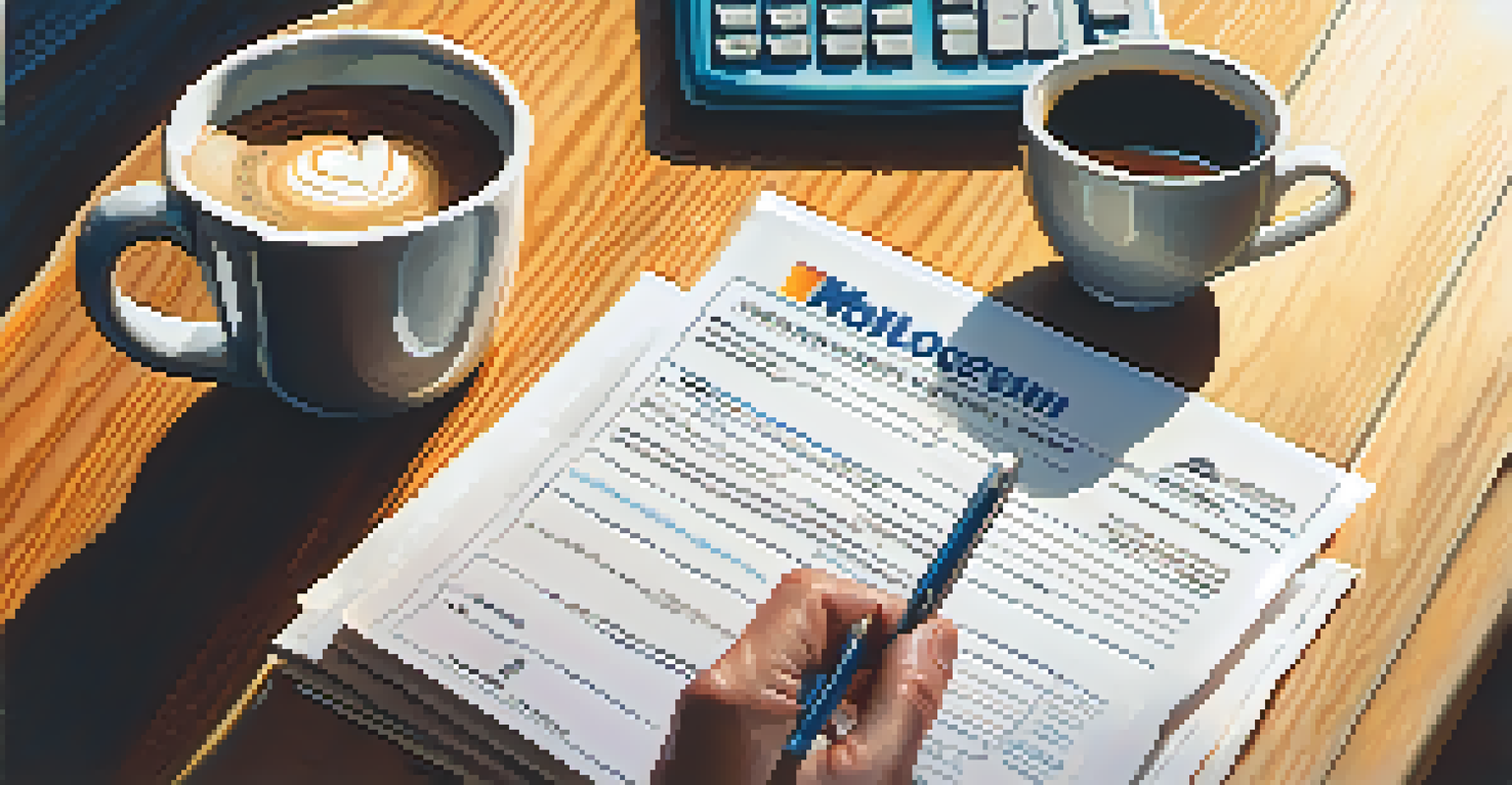 A close-up of a hand holding a mortgage application with a calculator and coffee on a table.