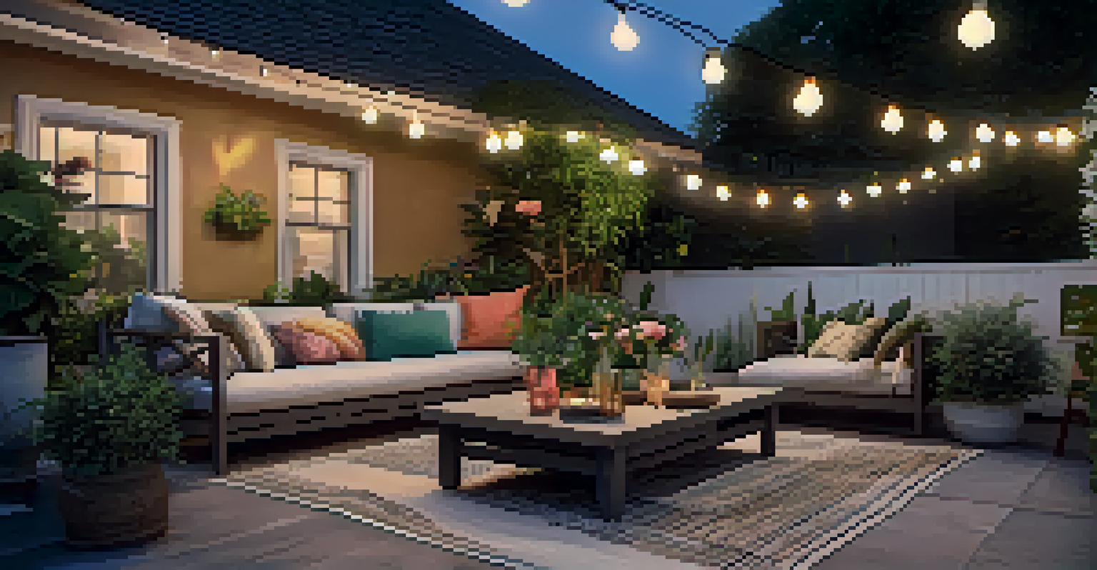 A beautifully arranged outdoor patio with dining furniture and string lights for a cozy evening atmosphere.