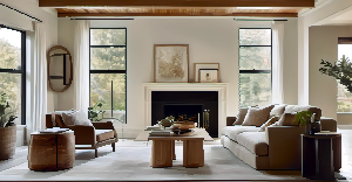 A cozy living room with a neutral color palette, natural wood furniture, linen sofa with velvet cushions, and a fireplace featuring abstract art above it.
