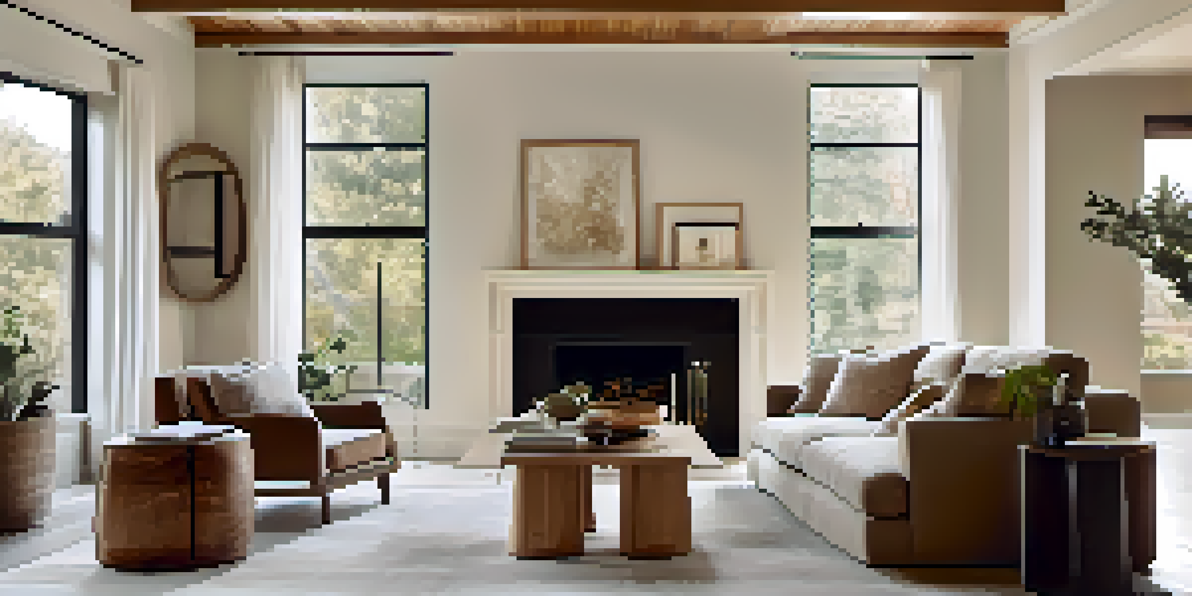 A cozy living room with a neutral color palette, natural wood furniture, linen sofa with velvet cushions, and a fireplace featuring abstract art above it.