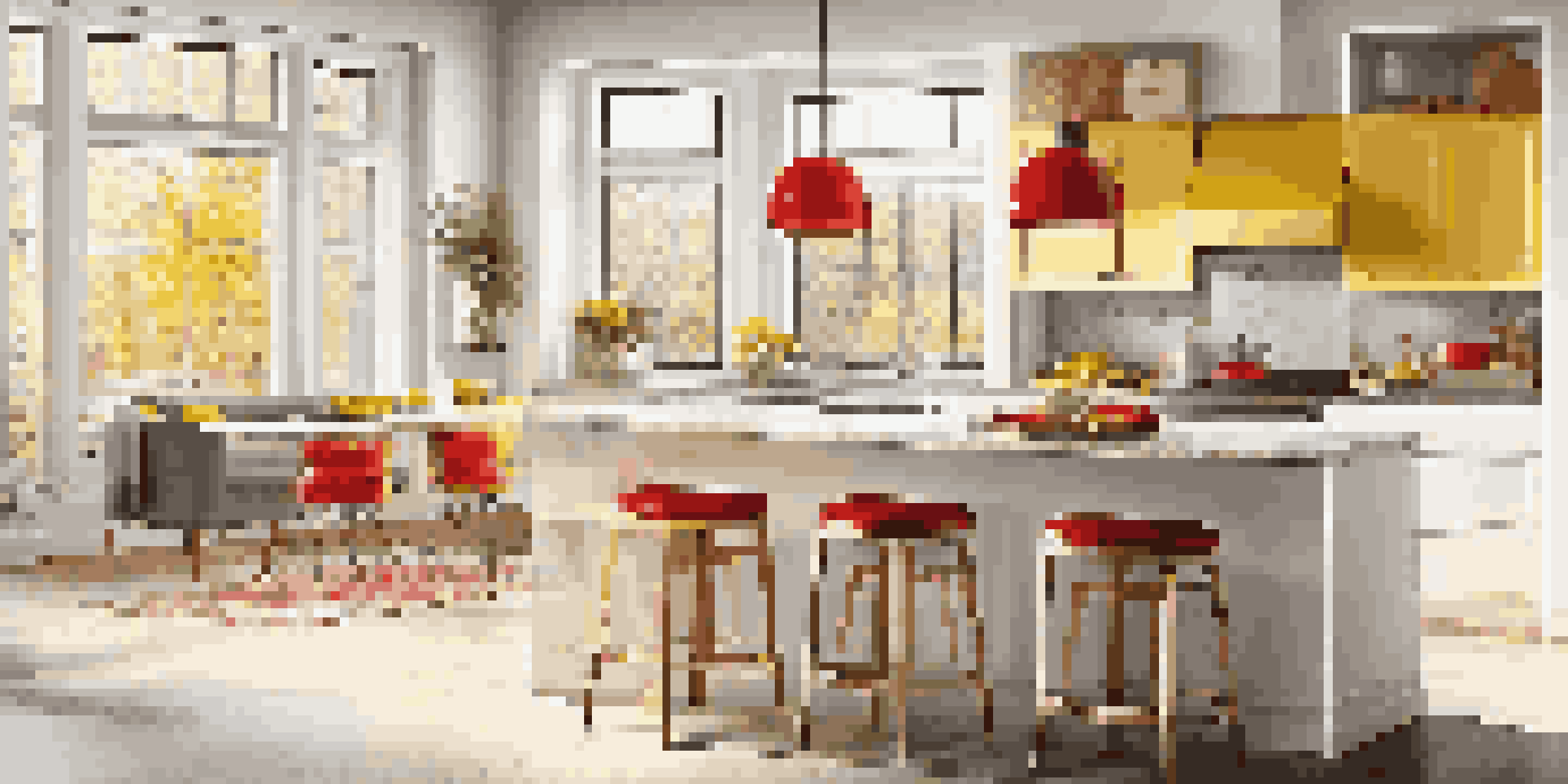 A modern kitchen with a bright yellow color scheme, white cabinets, and red bar stools, illuminated by sunlight from large windows.