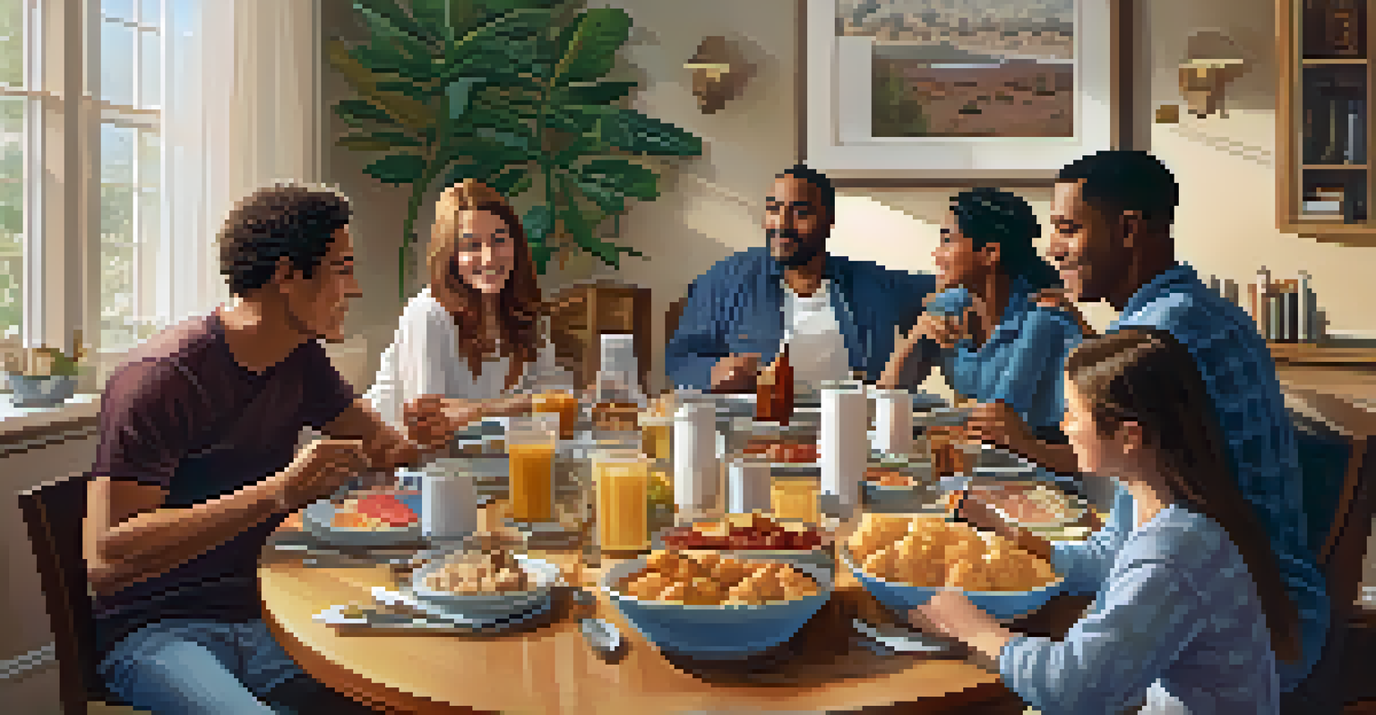 A diverse family sitting around a dining table during a meeting, discussing and sharing ideas with snacks present.