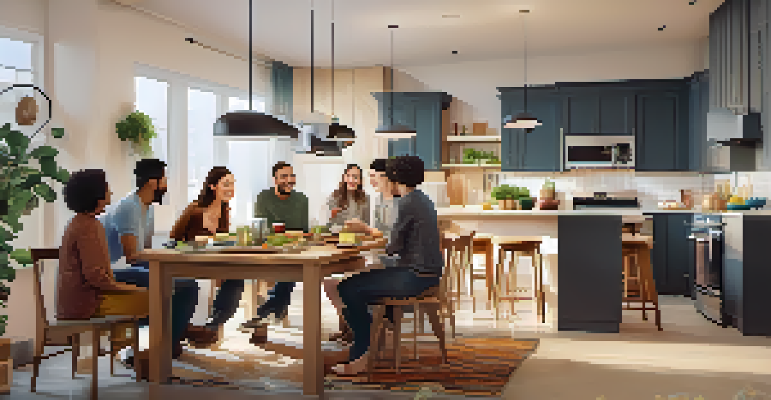 A communal kitchen in a co-living space, where residents are enjoying a meal together at a large dining table, surrounded by modern decor.