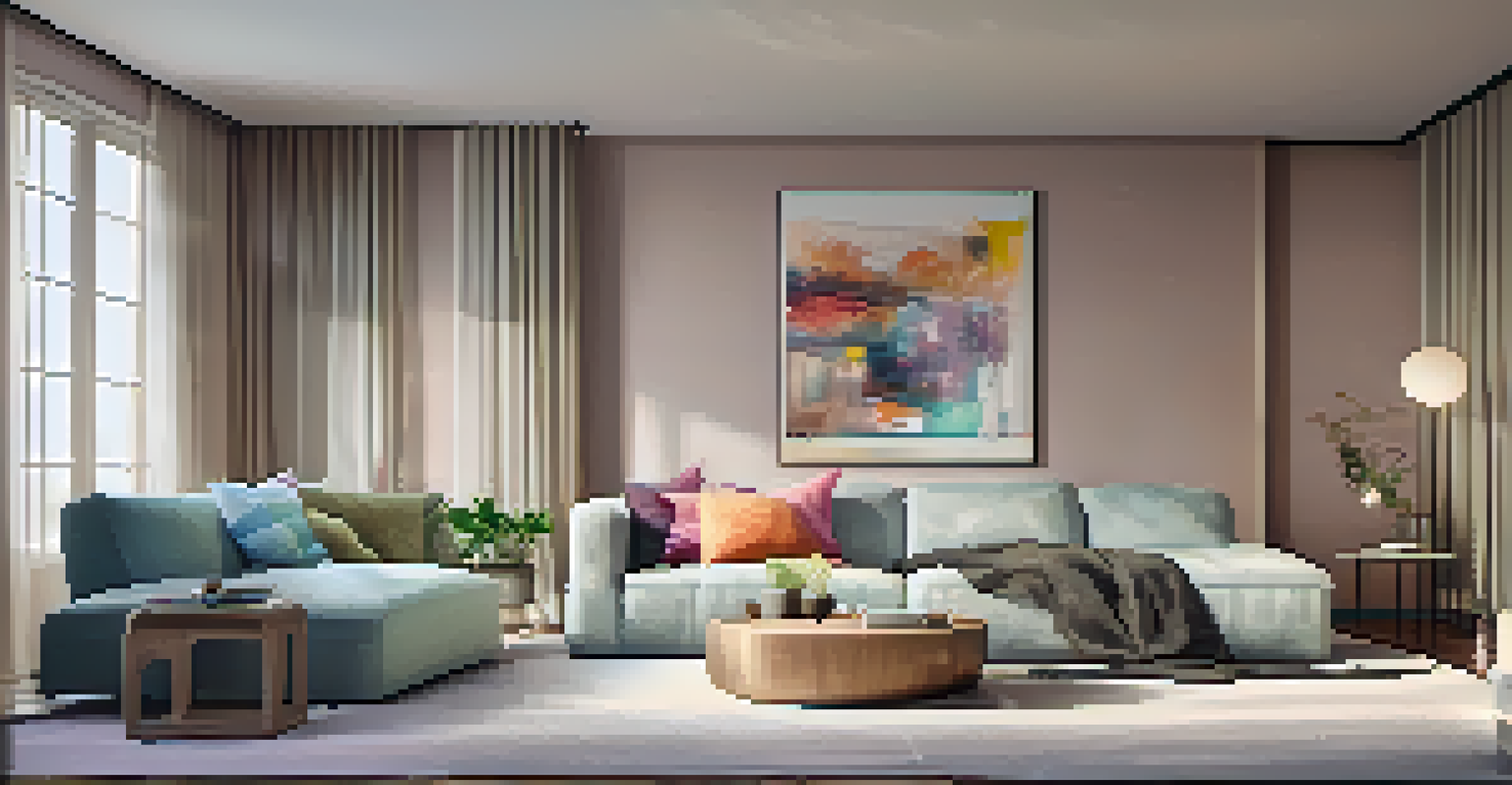 A cozy living room with a plush sofa, colorful pillows, and soft pastel walls, illuminated by warm floor lamps.