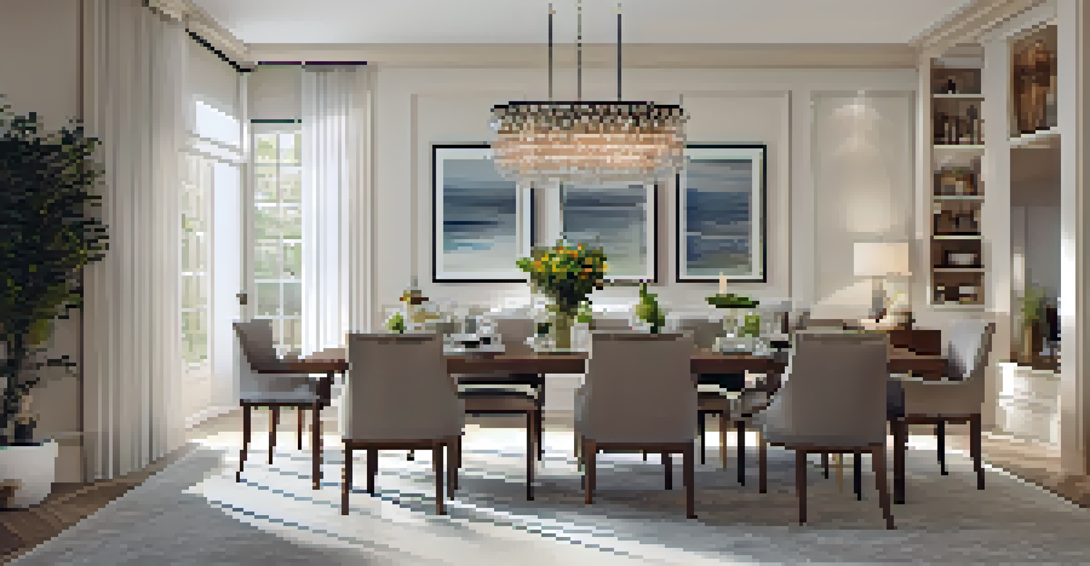 A stylish dining area within an open floor plan, featuring a wooden table, elegant chairs, and a chandelier, separated from the kitchen by a half-wall.