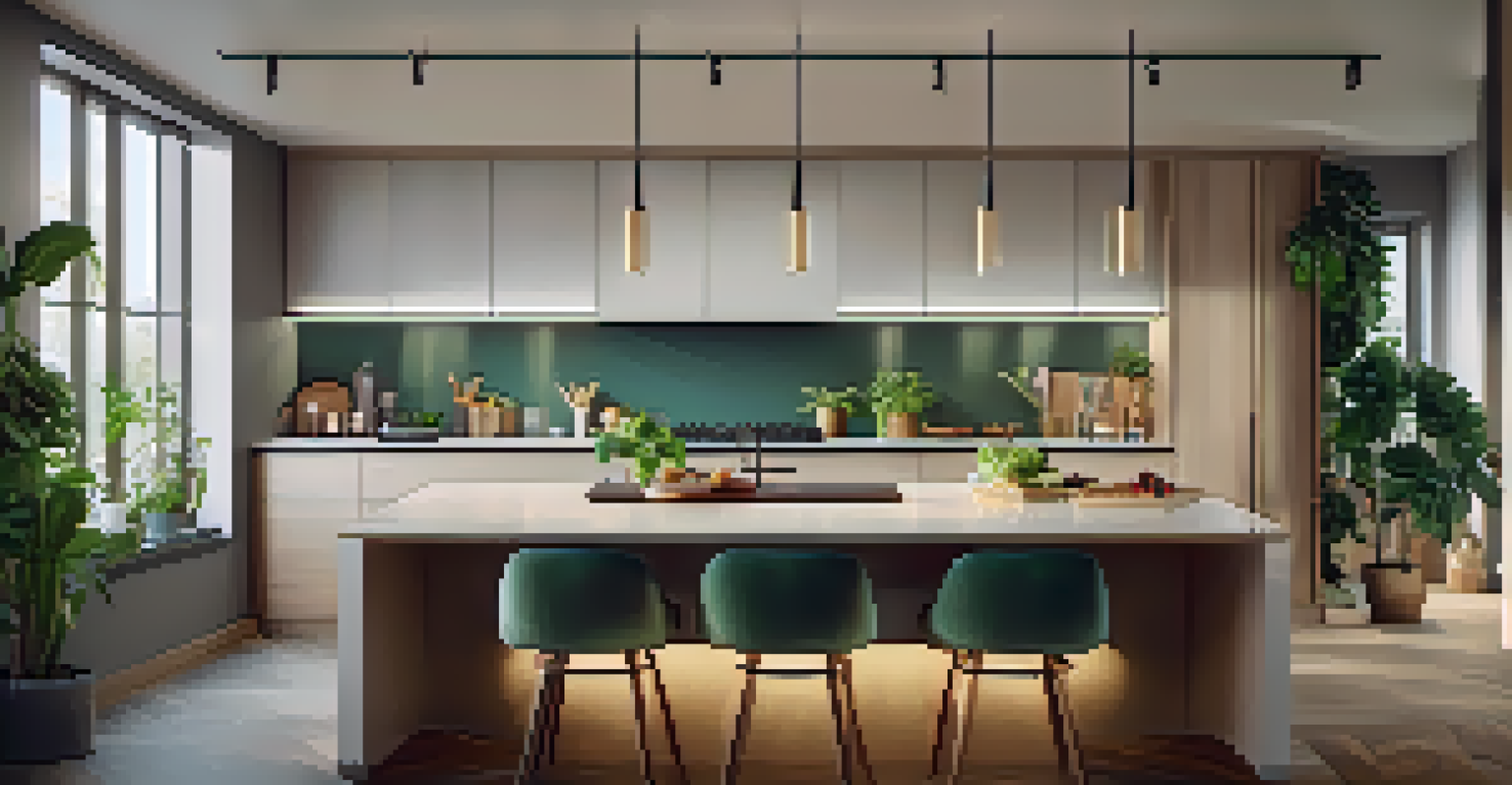 A modern kitchen featuring layered lighting with task, ambient, and accent lights enhancing the decor and functionality.