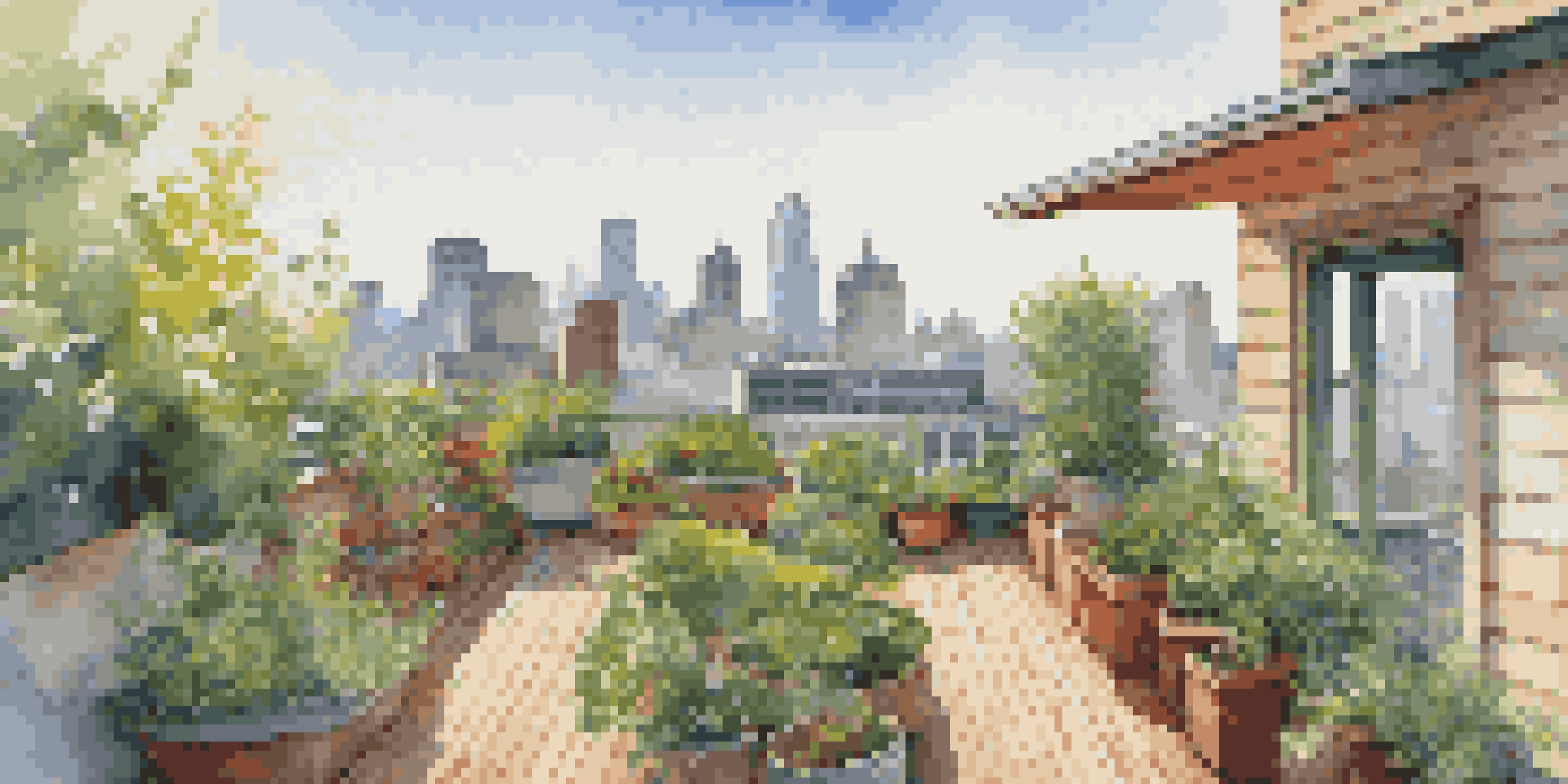 A rooftop garden with diverse plants and flowers under sunlight, overlooking a city skyline.