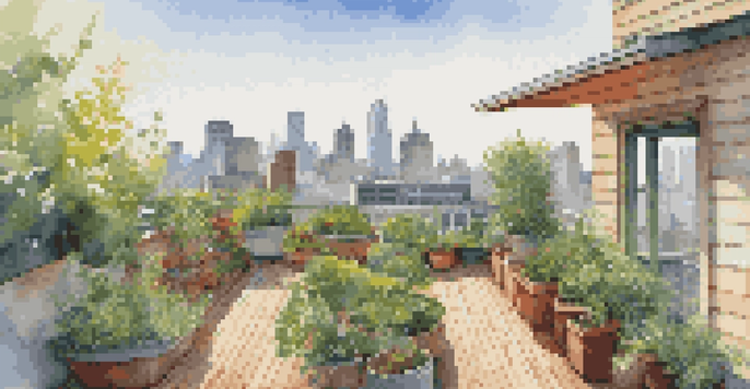 A rooftop garden with diverse plants and flowers under sunlight, overlooking a city skyline.
