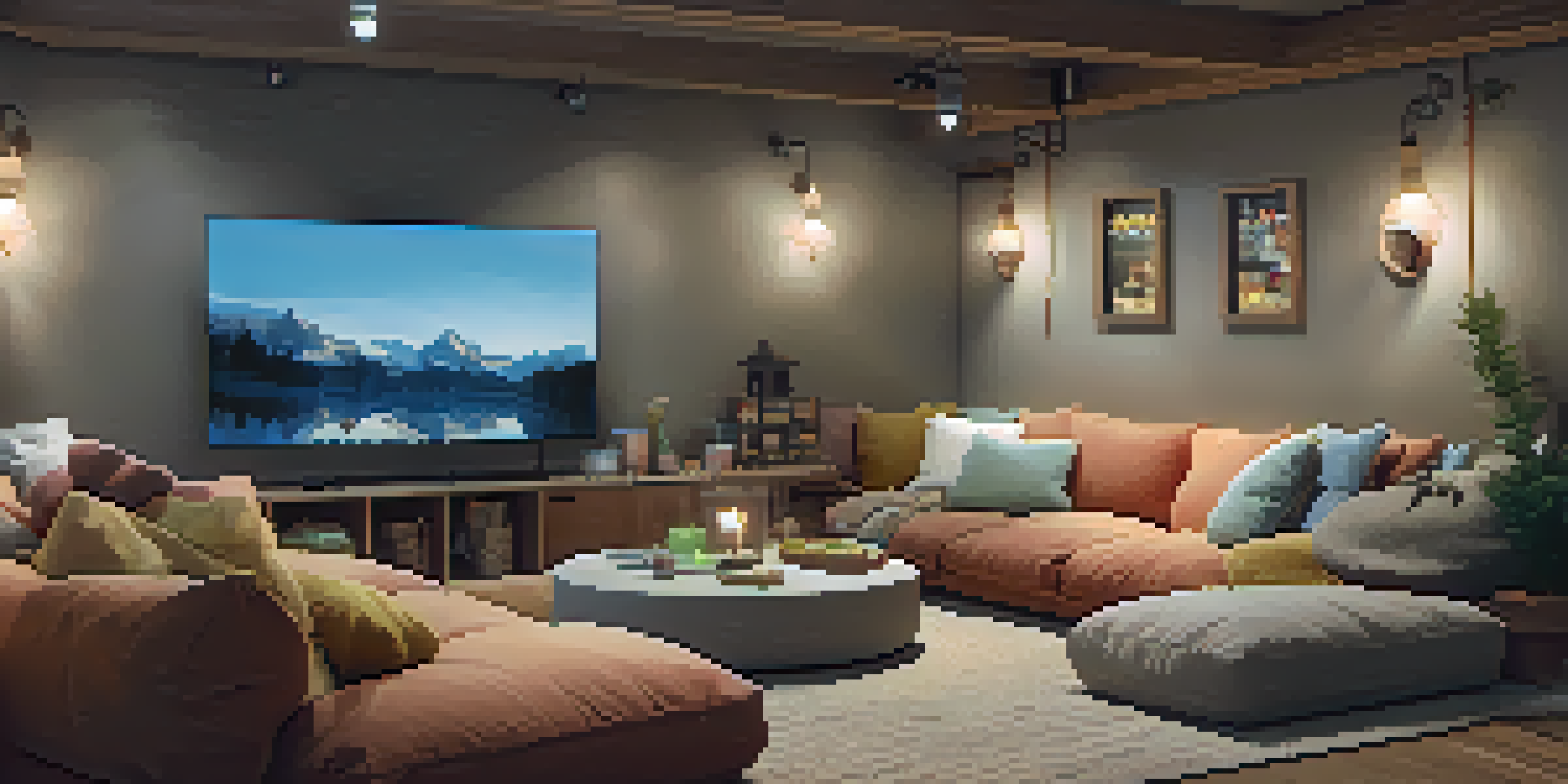 A warm and inviting basement family room with soft seating, light-colored walls, and a media center.