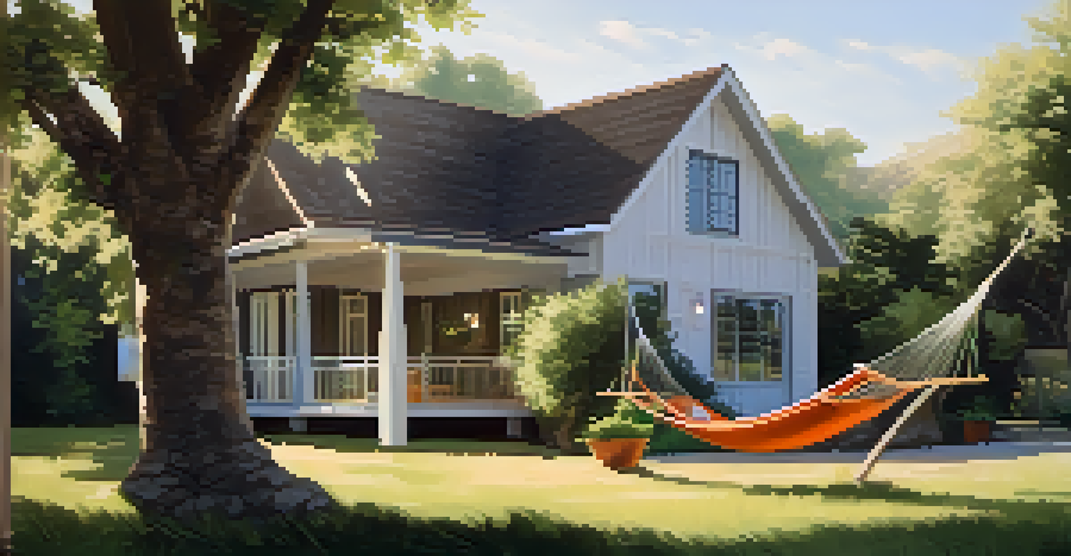 A countryside retreat with a backyard hammock, lush greenery, and a charming house, illuminated by soft sunlight.