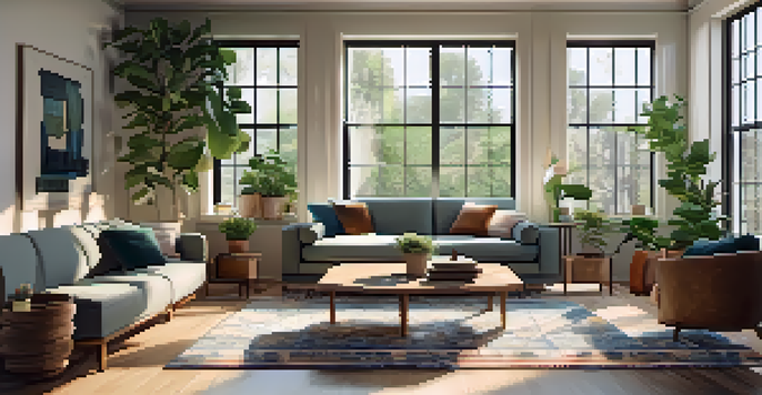 A bright living room with a modern sofa, coffee table, large windows, framed art, and potted plants, creating a cozy ambiance.