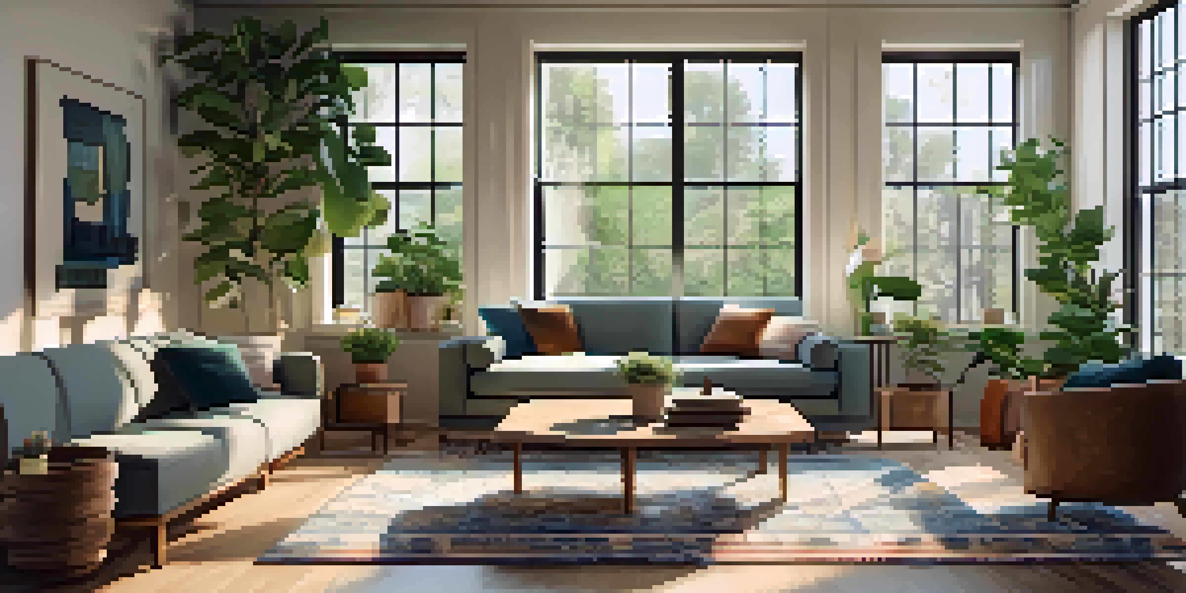 A bright living room with a modern sofa, coffee table, large windows, framed art, and potted plants, creating a cozy ambiance.