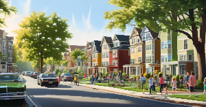 A lively urban neighborhood with various housing types and people enjoying a sunny day in the park.