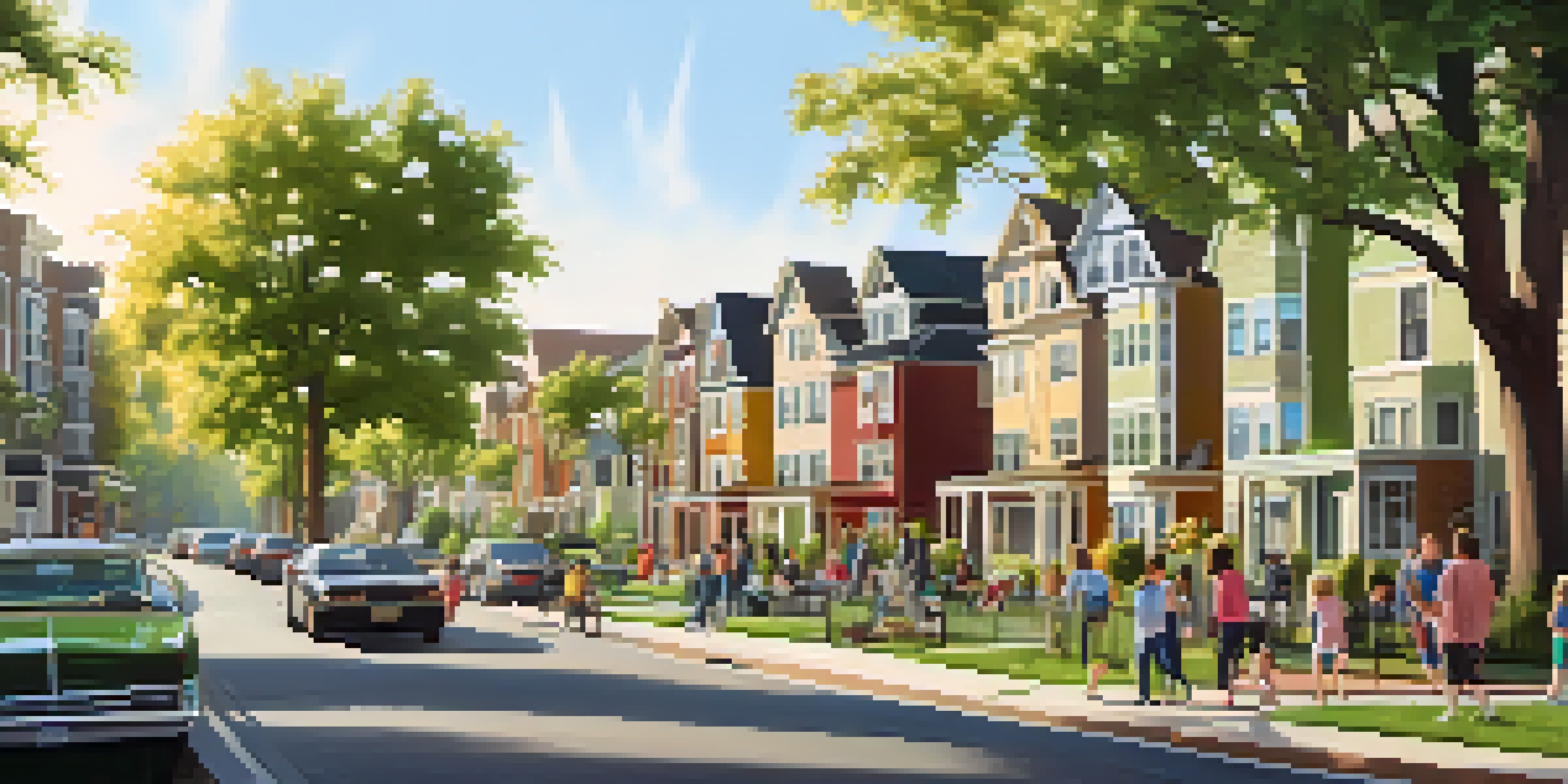 A lively urban neighborhood with various housing types and people enjoying a sunny day in the park.